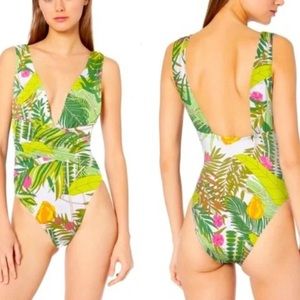 Trina Turk Tropical Leaf Plunge Wrap Front One Piece Green Swimsuit, Large